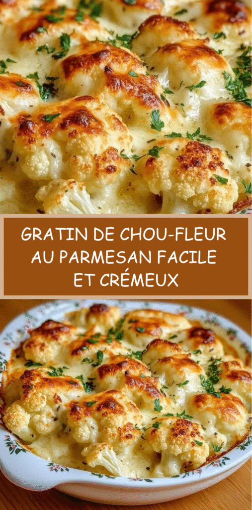 Gratin de chou-fleur doré au parmesan dans un plat allant au four, parsemé de persil frais.