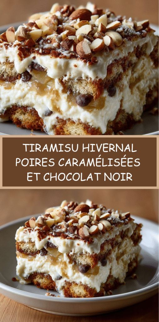 Verrines de tiramisu hivernal garnies de poires caramélisées, chocolat noir et crème mascarpone onctueuse.
