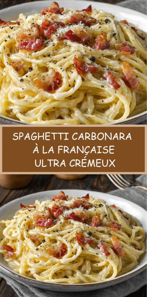 Assiette de spaghetti carbonara français avec lardons croustillants et sauce crémeuse au fromage.