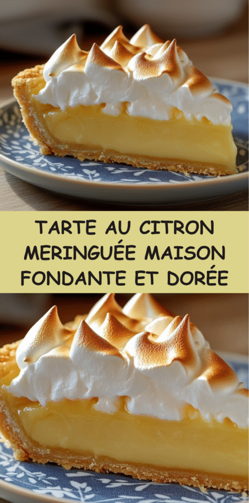 Tarte au citron meringuée avec crème citronnée brillante et meringue italienne dorée.