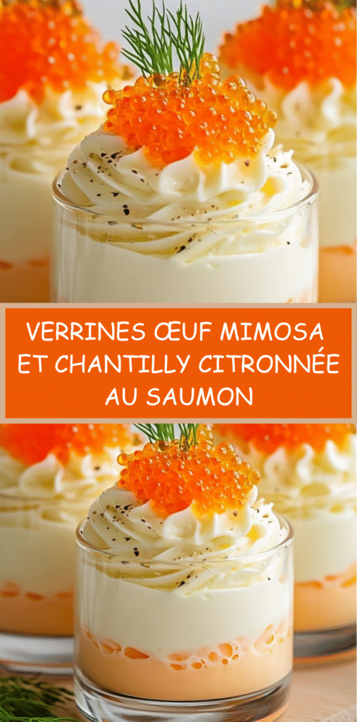Verrines superposées d’œuf mimosa, crème blanche, chantilly citronnée et œufs de saumon, décorées d’aneth.