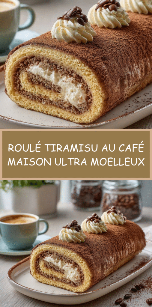 Biscuit roulé tiramisu au café, saupoudré de cacao, garni de crème mascarpone et décoré de grains de café.