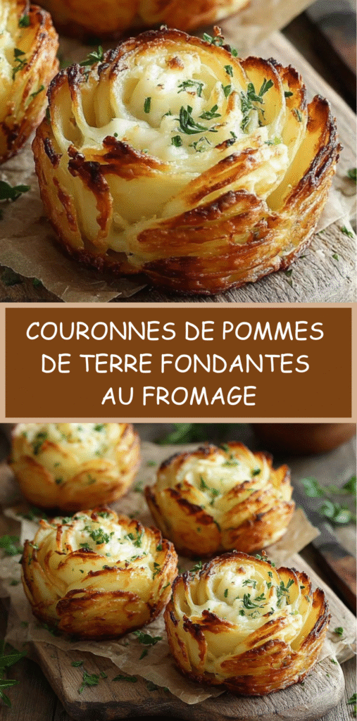 Couronnes de pommes de terre finement tranchées, dorées et garnies de fromage fondant dans un moule à muffins.