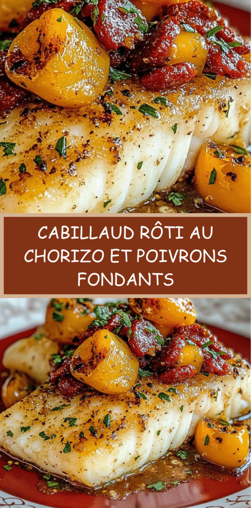 Pavé de cabillaud rôti nappé d’un mélange chorizo et poivrons sur assiette, décoré de persil frais.