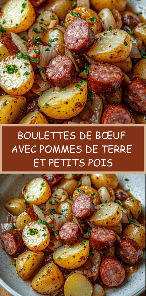 Boulettes de bœuf mijotées servies avec pommes de terre, carottes et petits pois dans une sauce tomate parfumée.