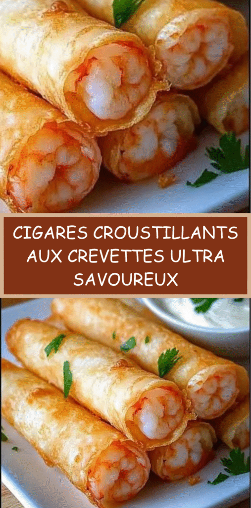 Cigares croustillants aux crevettes dorés, alignés sur une assiette avec herbes fraîches.