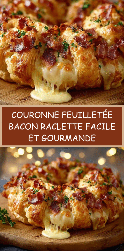 Couronne feuilletée garnie de bacon et fromage à raclette, dorée et torsadée sur une plaque de cuisson.
