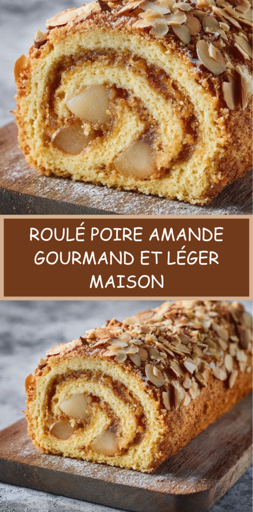 Roulé poire amande garni de crème mascarpone et décoré d’amandes effilées sur le dessus.
