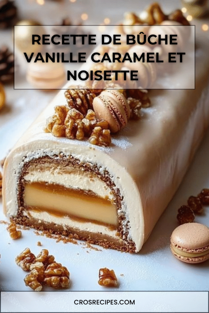 Bûche roulée vanille caramel décorée de noix de pécan et macarons, crème mascarpone lissée et sucre glace, dessert de Noël gourmand photographié en gros plan.