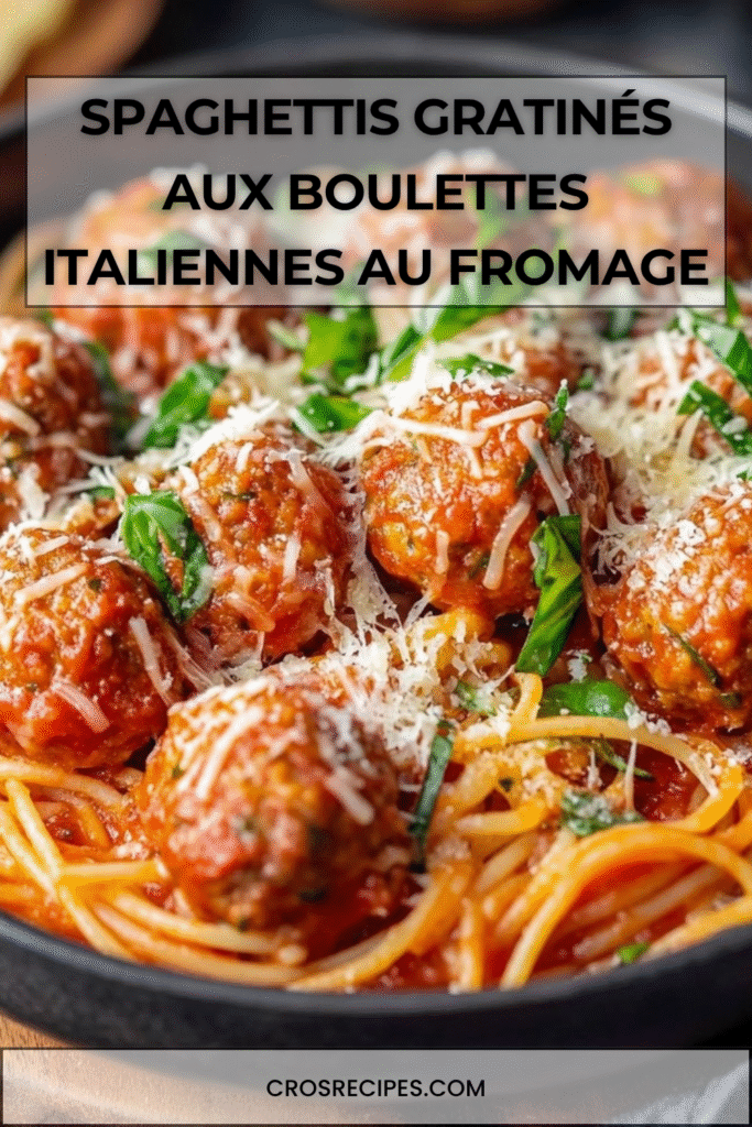 Plat de spaghettis gratinés avec boulettes de viande italiennes, mozzarella fondue et sauce tomate maison.