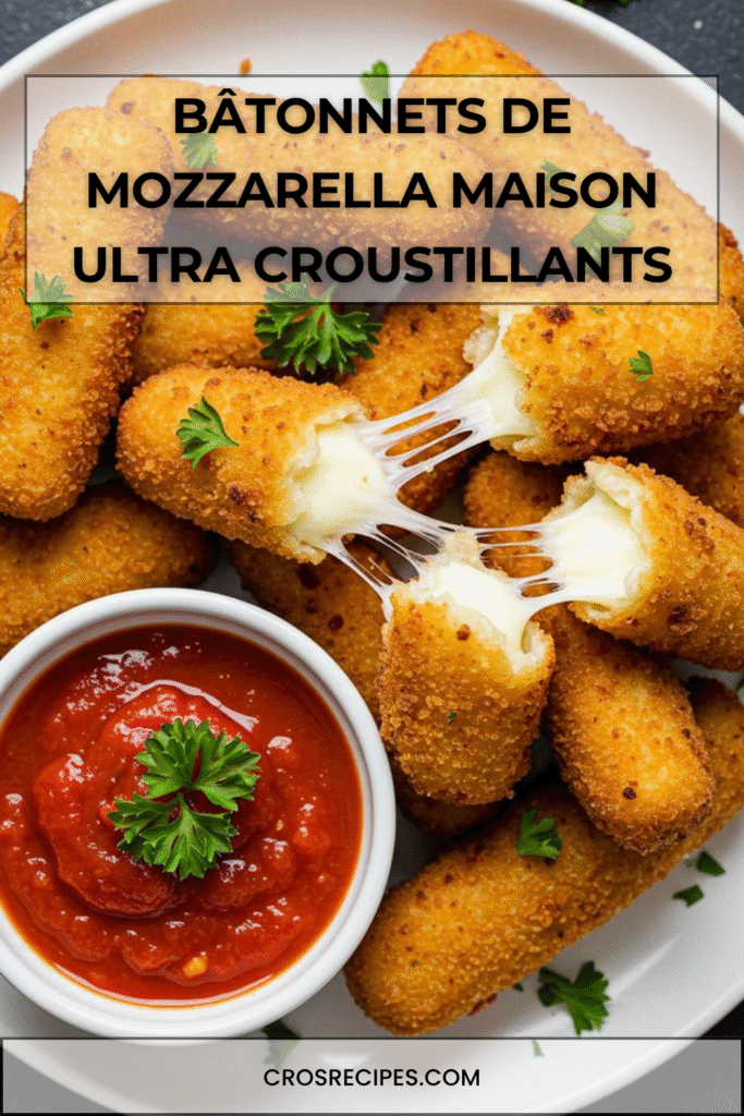 Bâtonnets de mozzarella dorés et croustillants avec intérieur fondant, servis avec sauce marinara.