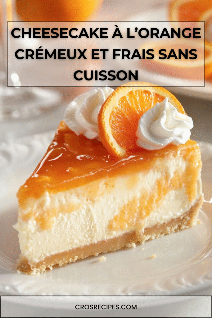 Cheesecake crémeux à l’orange avec base biscuitée et tranches d’orange fraîches sur le dessus.