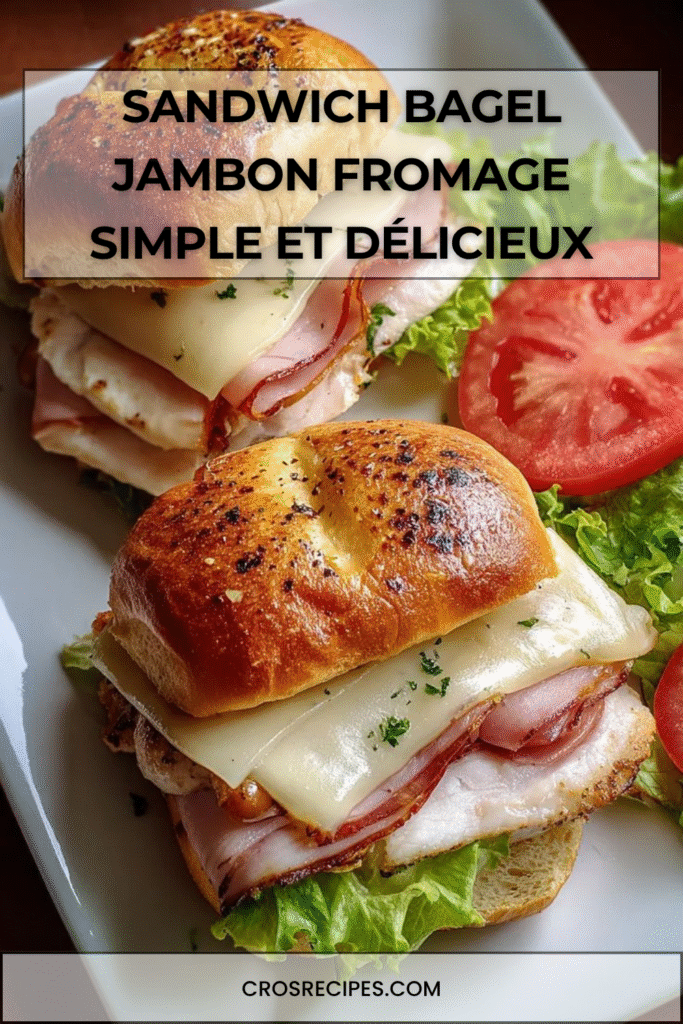 Sandwich bagel garni de jambon, fromage fondu, laitue et condiments