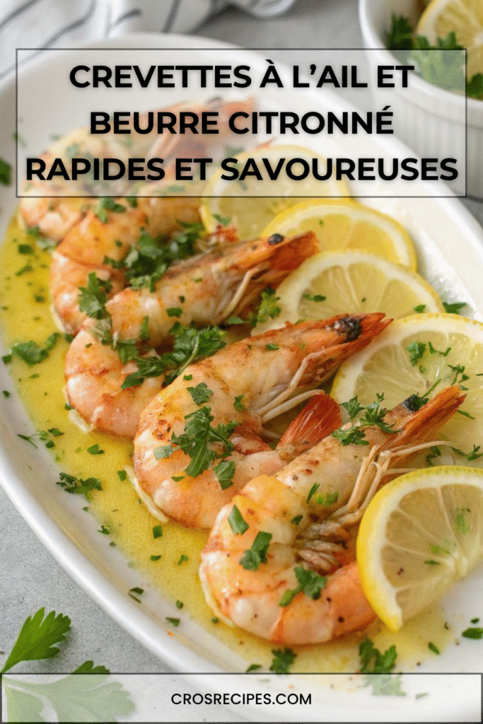 Crevettes à l’ail et au beurre citronné sautées, garnies de persil frais.