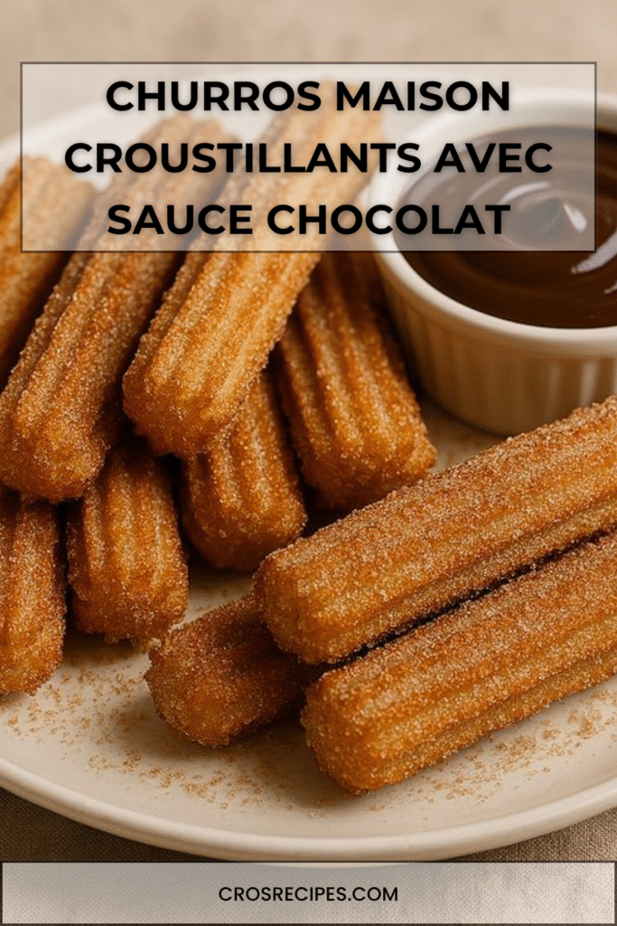 Churros maison dorés et croustillants roulés dans le sucre-cannelle avec sauce chocolat.