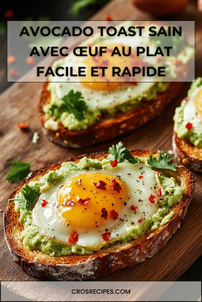 Avocado toast garni d’un œuf au plat coulant, herbes fraîches et piment.