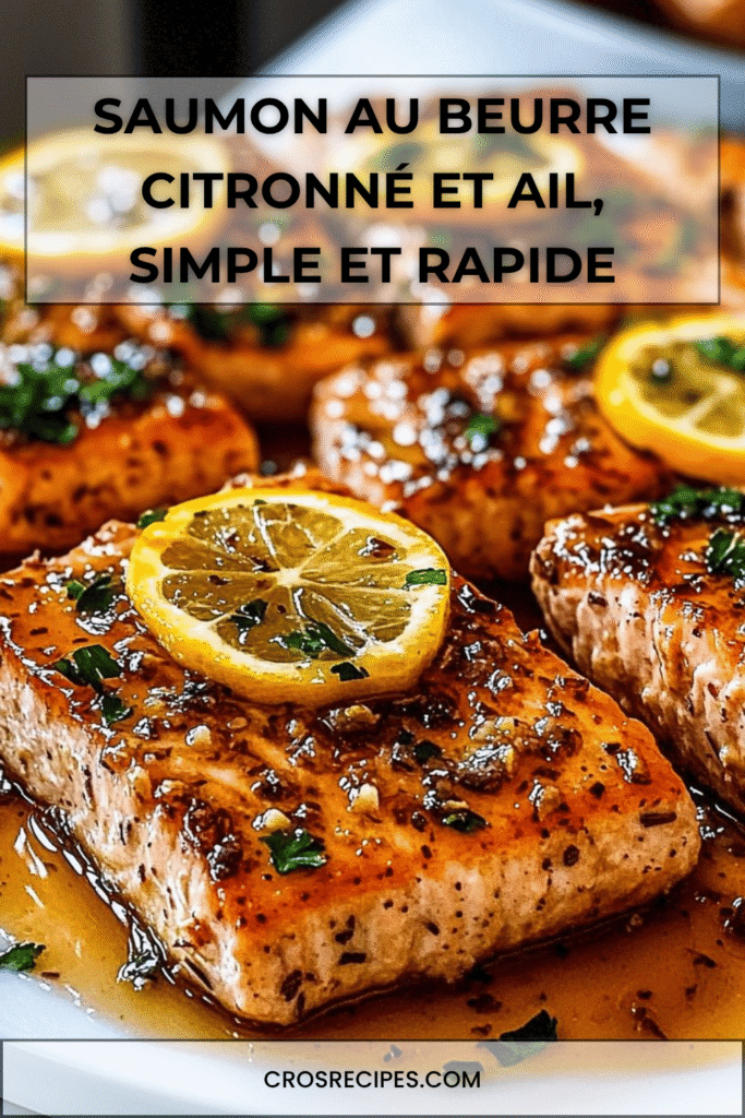 Saumon au beurre dorés nappés de sauce beurre citron ail, garnis de persil et citron frais.