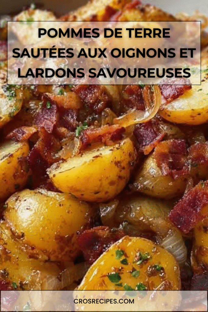 Pommes de terre sautées dorées avec oignons caramélisés et lardons croustillants, garnies d’herbes fraîches.