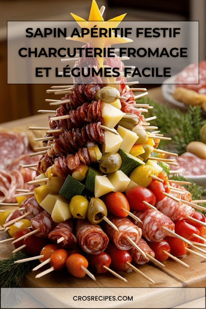 Sapin apéritif réalisé avec charcuterie, fromages, tomates cerises, olives et légumes montés sur un cône.