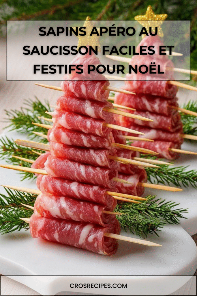 Brochettes en forme de sapins composées de tranches de saucisson pliées, décorées de romarin et d’une étoile comestible. sapins apéro
