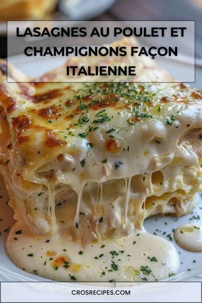 Plat de lasagnes au poulet et champignons, gratinées avec mozzarella et parmesan sur le dessus.