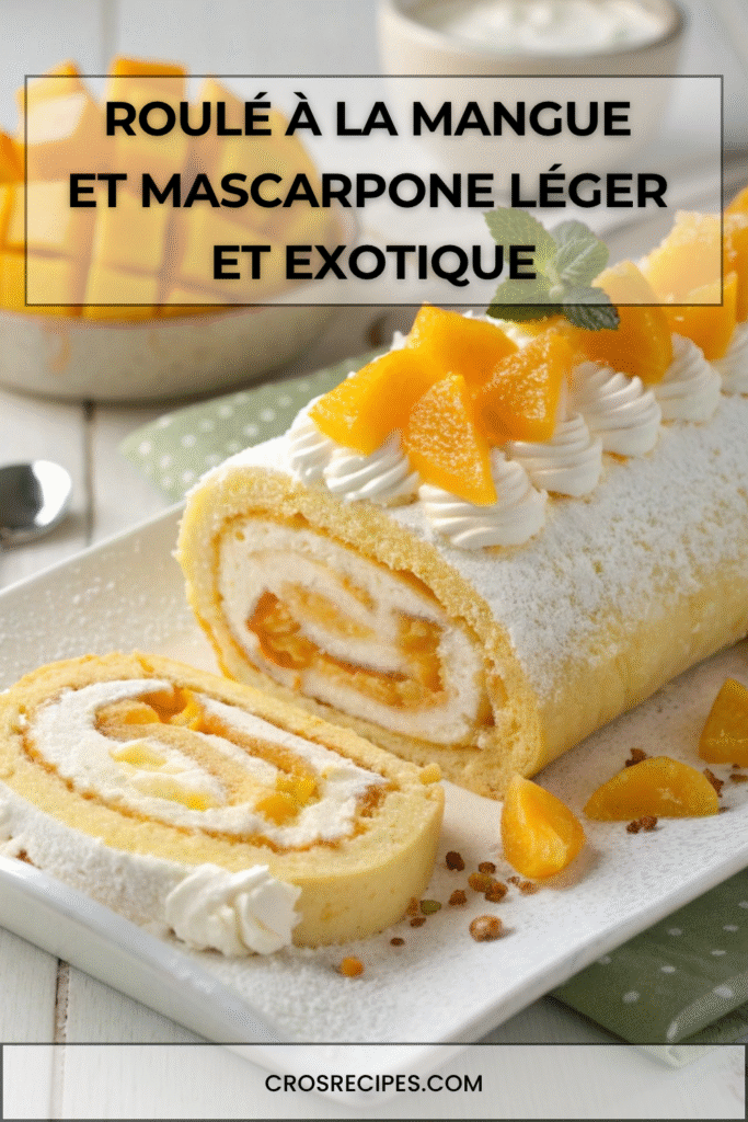 Gâteau roulé à la mangue garni d’une crème à la mangue et mascarpone, décoré de morceaux de mangue fraîche.