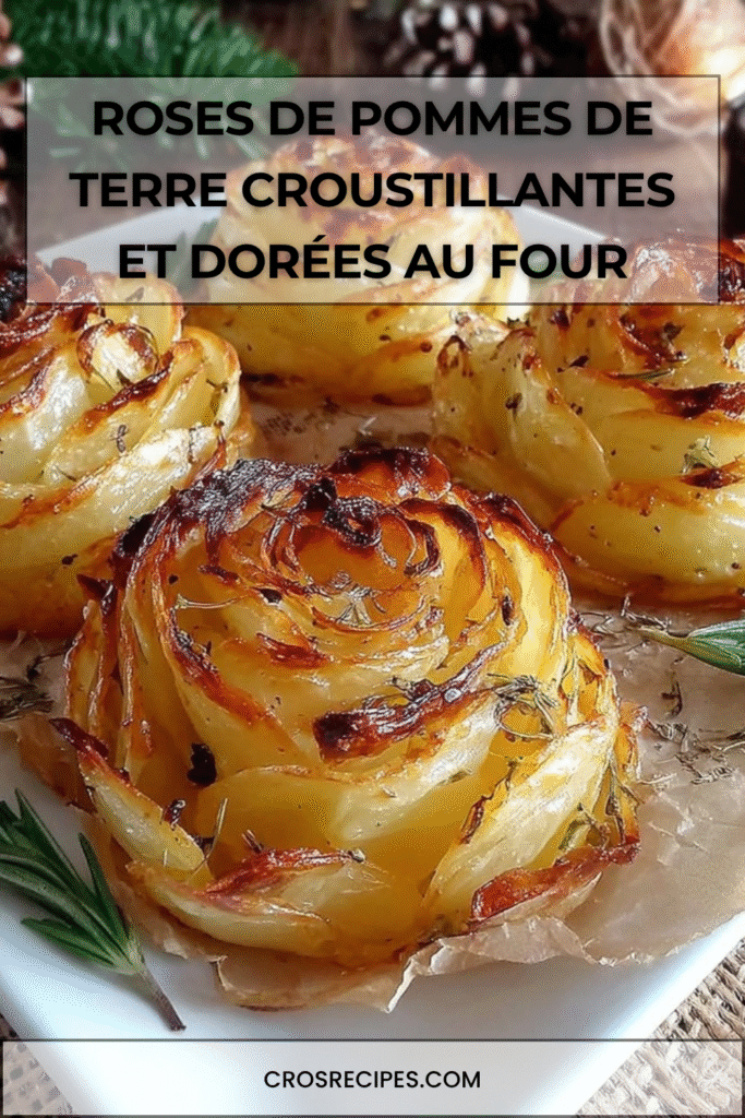 Roses de pommes de terre dorées et croustillantes dans un moule à muffins, formées de fines tranches superposées.