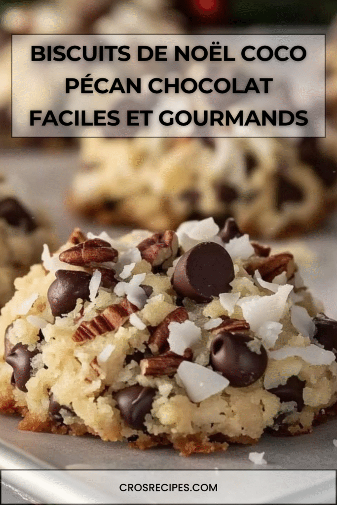 Biscuits de Noël moelleux à la noix de coco, chocolat et noix de pécan dorés sur une plaque.
