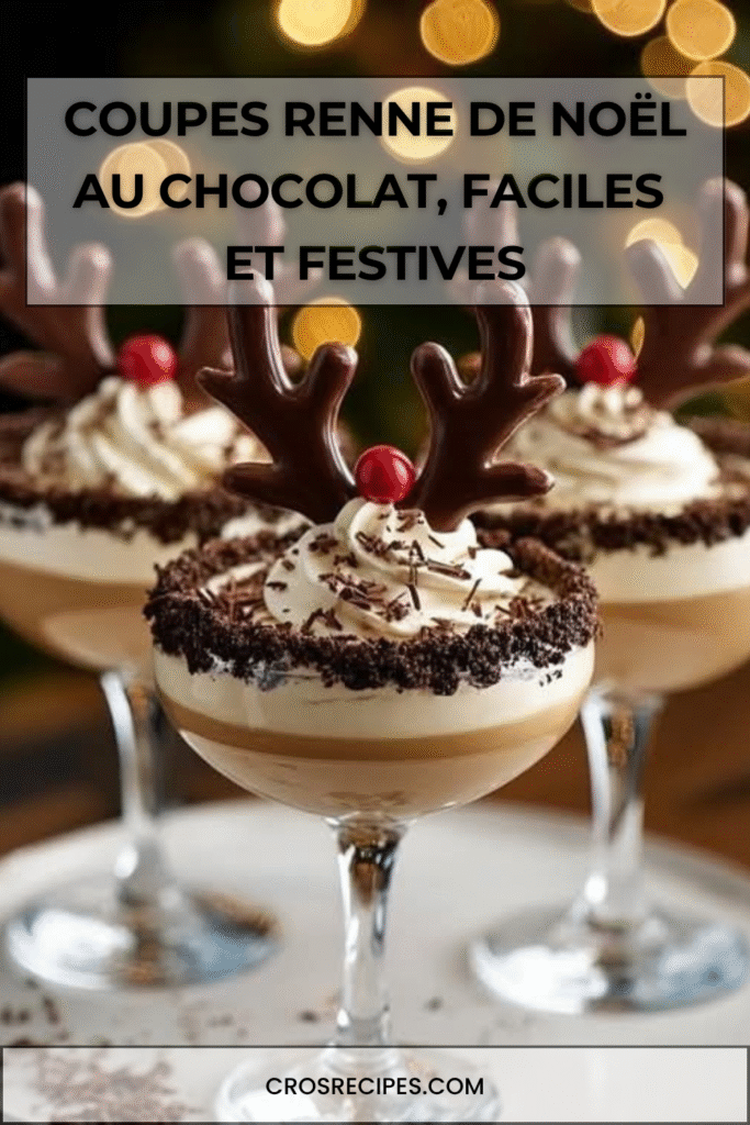 Coupes dessert au chocolat décorées en rennes de Noël avec crème fouettée, bois en chocolat et nez rouge.