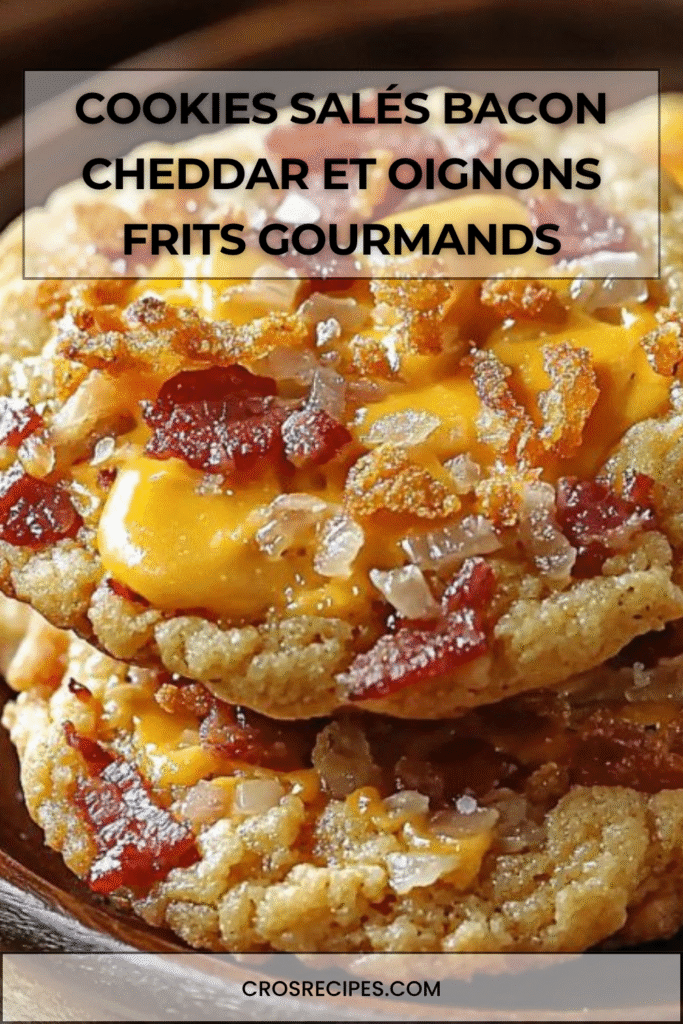 Cookies salés dorés au bacon, cheddar et oignons frits posés sur une grille de refroidissement.