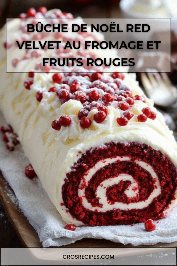 Bûche de Noël Red Velvet roulée, glacée au fromage à la crème et décorée de framboises et fruits rouges avec sucre glace façon neige.