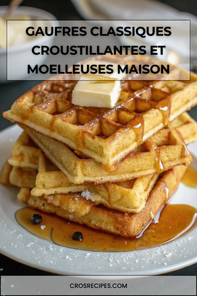 Assiette de gaufres dorées et croustillantes empilées, servies avec du beurre fondant et du sirop d’érable qui coule sur les carrés.