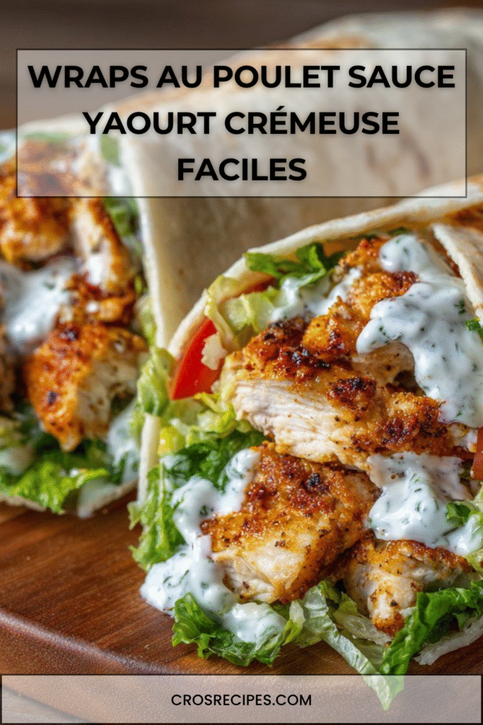 Wraps au poulet coupés en deux, garnis de laitue croquante, tomates et sauce yaourt crémeuse, servis sur une assiette avec quelques feuilles de salade.