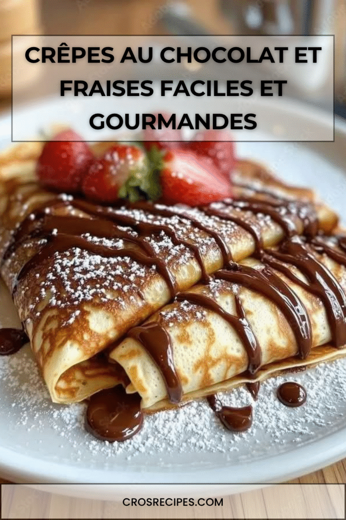 Assiette de crêpes pliées en quartiers, garnies de sauce au chocolat et de fraises fraîches tranchées, saupoudrées de sucre glace.