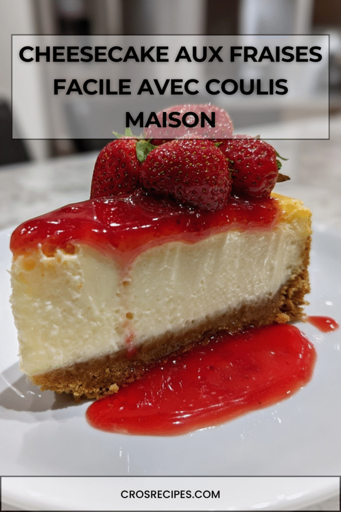 Cheesecake crémeux sur base biscuitée, nappé de coulis de fraises et décoré de fraises fraîches.