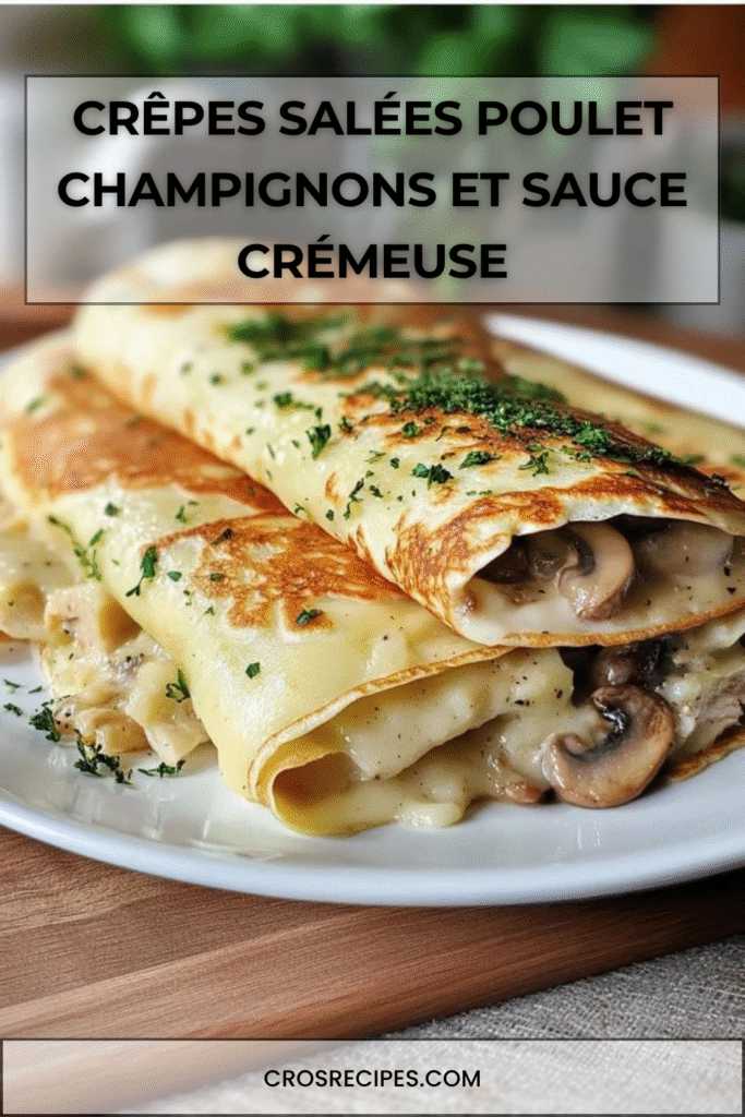 Crêpes salées garnies de poulet et champignons en sauce crémeuse, pliées et gratinées avec du fromage dans un plat.