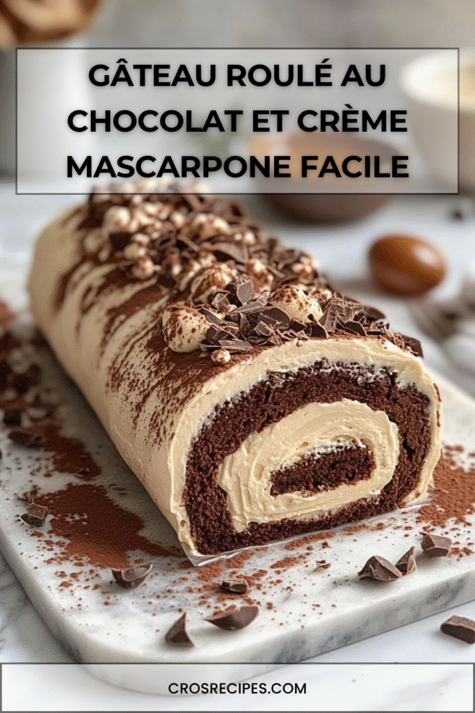 Gâteau roulé au chocolat garni de crème mascarpone, décoré de brisures de chocolat et de noisettes concassées sur un plat de service.