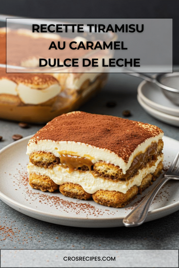 Verrine de tiramisu au caramel dulce de leche, en couches de biscuits imbibés de café, crème mascarpone et caramel, saupoudrée de cacao.