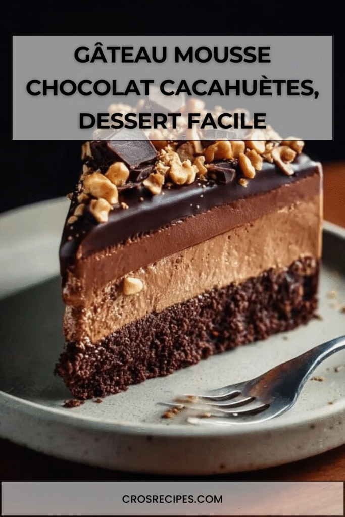 Gâteau mousse chocolat et cacahuètes sur base biscuitée croquante, nappé de ganache brillante et décoré de fruits secs concassés.