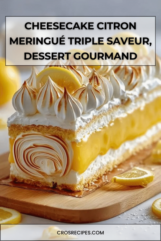 Cheesecake citron meringué triple citron avec croûte croustillante, cœur fondant au fromage et lemon curd, surmonté d’une meringue dorée aux belles volutes.