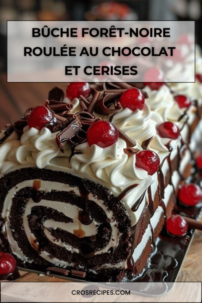 Bûche roulée Forêt-Noire au chocolat, crème mascarpone et cerises, façon gâteau roulé élégant avec copeaux de chocolat, sirop parfumé et décor aux cerises pour Noël.