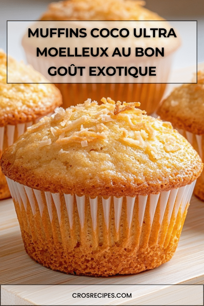 Muffins à la noix de coco ultra moelleux, dorés au four et saupoudrés de coco râpée sur le dessus.
