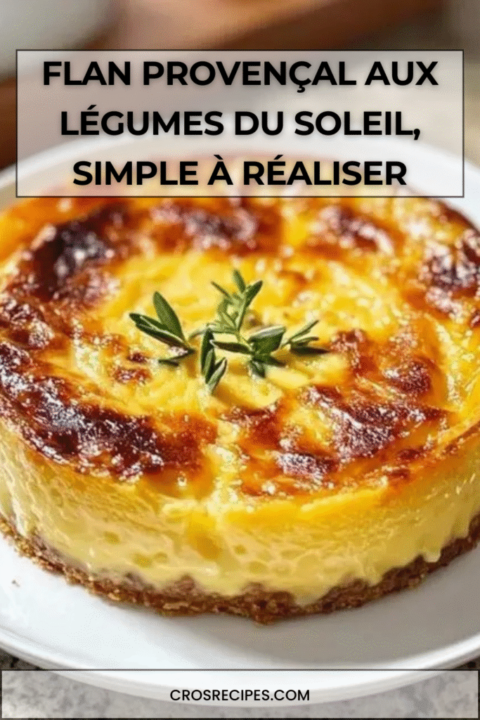 Part de flan provençal doré aux tomates, courgettes et poivrons, servie avec une salade verte dans une assiette.