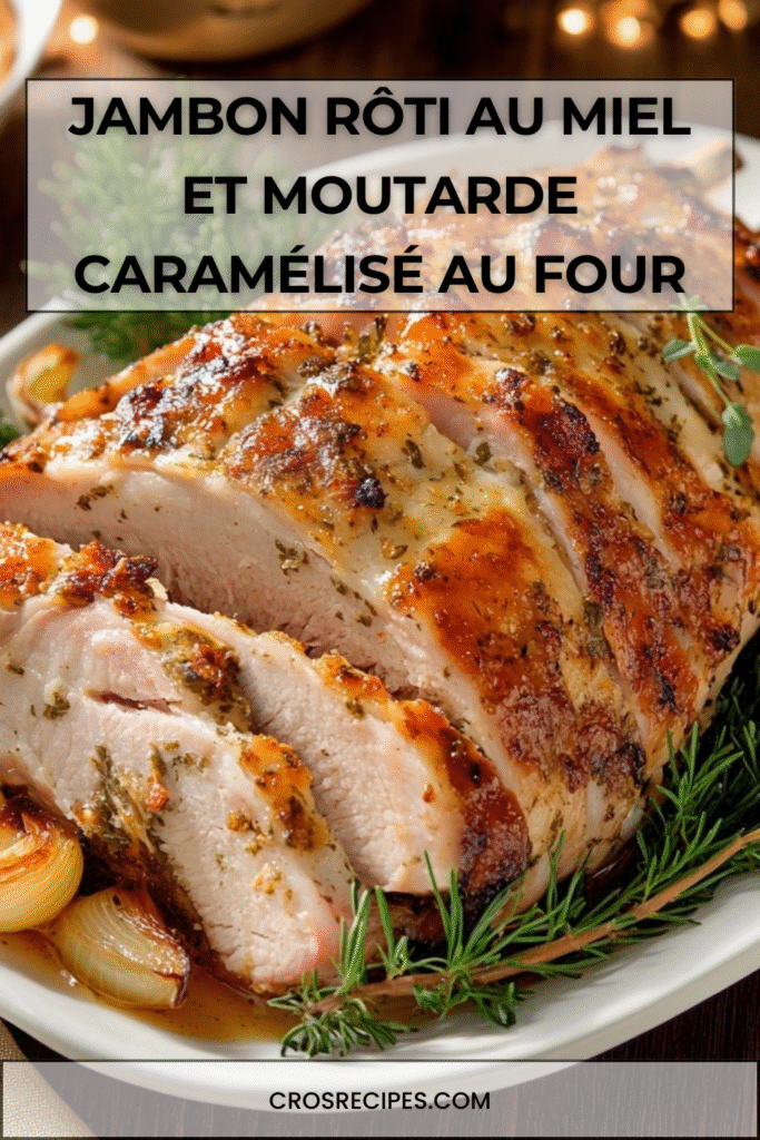 Jambon rôti au miel et moutarde, doré et caramélisé, tranché dans un plat avec oignons rôtis.