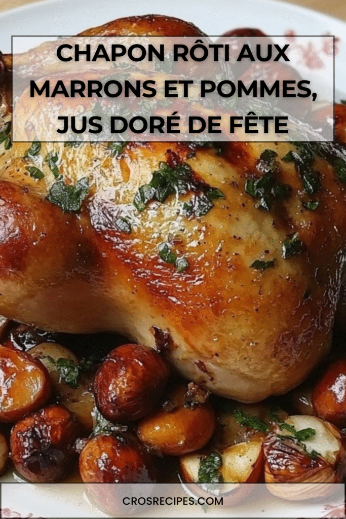 Chapon rôti doré entouré de marrons et quartiers de pommes, nappé de jus, servi dans un grand plat de fête.