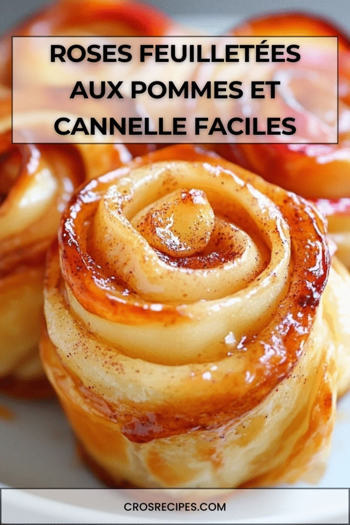 Roses feuilletées dorées aux pommes et à la cannelle dans un moule à muffins, saupoudrées de sucre glace.