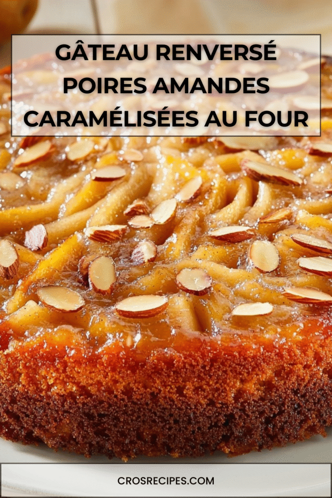 Gâteau renversé aux poires caramélisées et amandes effilées, doré, servi sur un plat.
