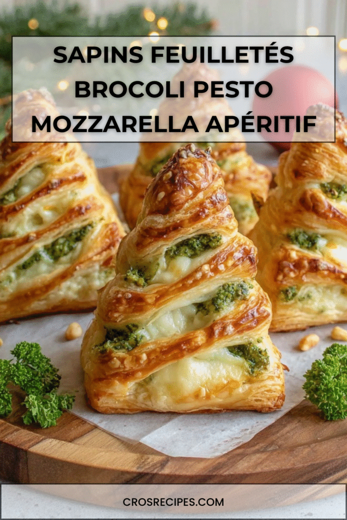 Petits sapins feuilletés dorés garnis de brocoli, pesto et mozzarella fondante, disposés sur une plaque de service pour l’apéritif.