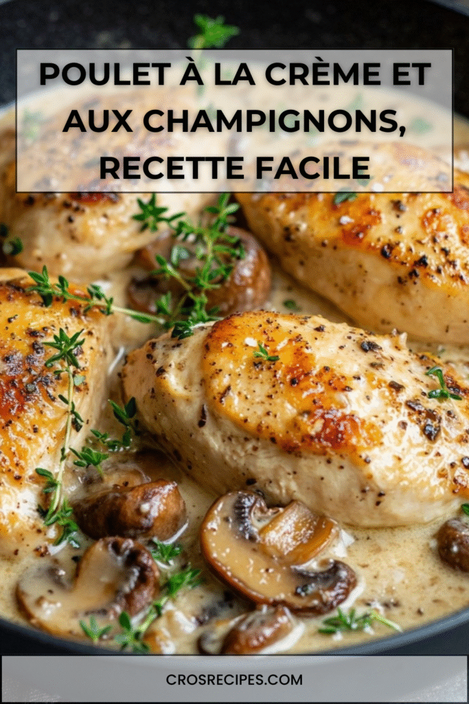 Morceaux de poulet à la crème avec champignons et persil dans une poêle, nappés d’une sauce onctueuse.