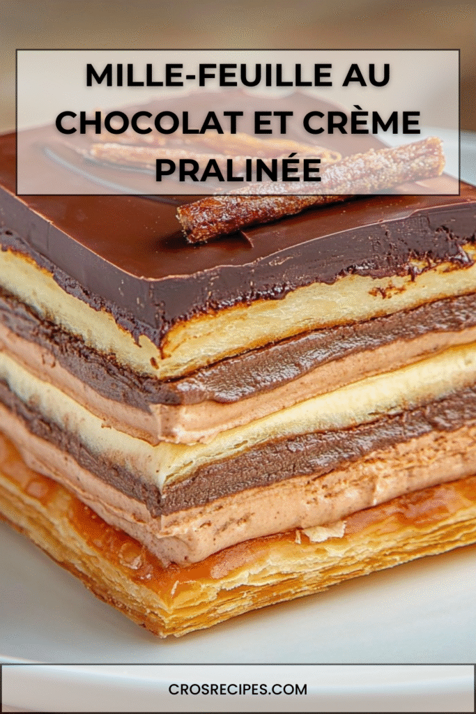 Mille-feuille au chocolat et crème pralinée composé de couches de pâte feuilletée dorée, crème pralinée et ganache au chocolat, décoré de copeaux de chocolat.